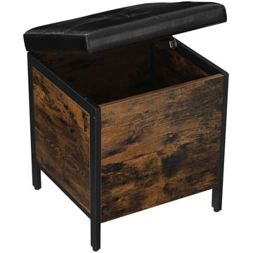 Hocker met opbergruimte, schoenenbank, kunstleer en hout, bruin/zwart, 40 x 40 x 50 cm
