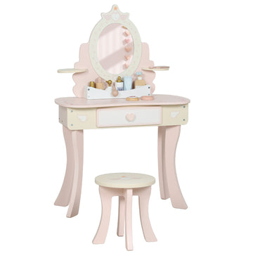 Kinderdressingtafel met stoel en spiegel | Kleur: Roze | Afmetingen: 29.6x59.8x89.8 cm