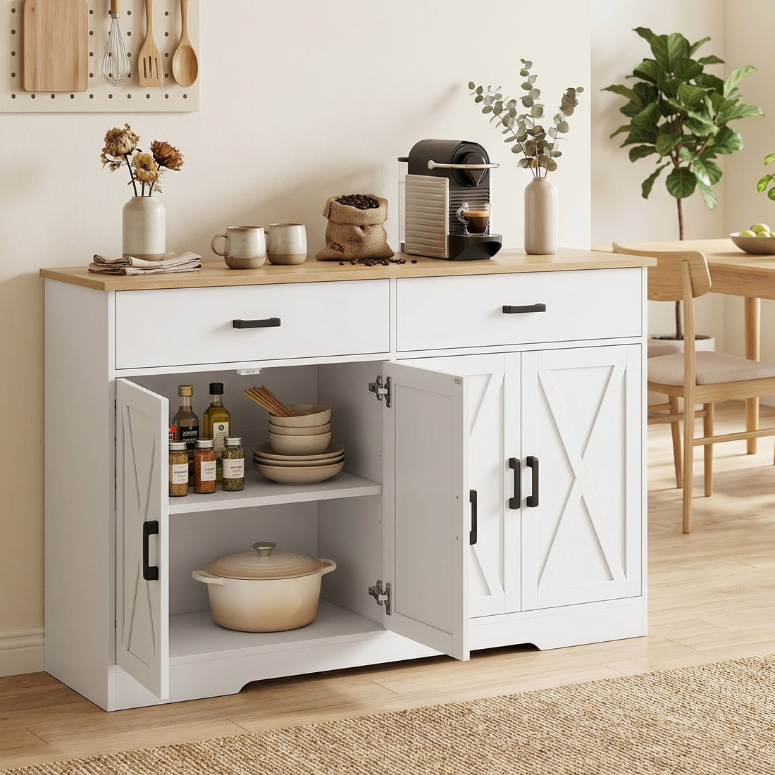 Sideboard 140 cm mit 2 Schubladen und 2 Türen | Farbe: Weiß+Eiche | Abmessungen: 140x38,5x81 cm