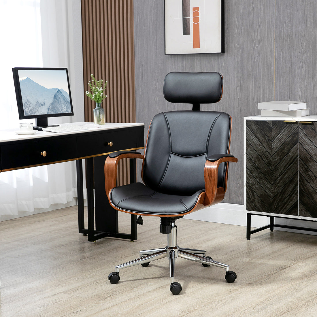 Ergonomischer Bürostuhl mit Kopfstütze | Farbe: Schwarz | Abmessungen: 66x65x115-125 cm