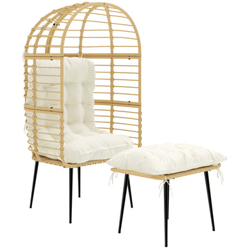 Rattan tuinstoel met voetenbank - Ei-stoel | Kleur: Beige | Afmetingen: 76x65x147 cm