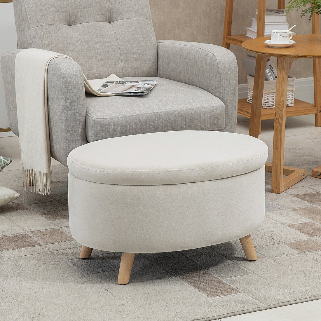 Ovala förvaringsbänk med förvaringsutrymme - Fotpall i sammet | Färg: Brun | Mått: 51.5x71x42 cm