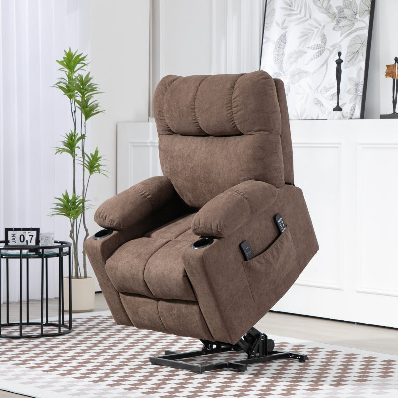 Fåtölj med ståhjälp, massage och fotstöd | Färg: Brun | Mått: 91x95x109 cm