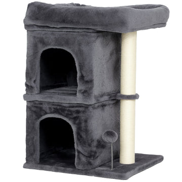 Kattenkrabpaal met 2 huisjes en platform | Kleur: Grijs + Wit | Afmetingen: 45x40x66 cm