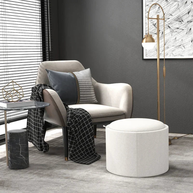 Förvaringspuff med bricka - Rund fotpall | Färg: Gräddvit | Mått: 56x56x42 cm