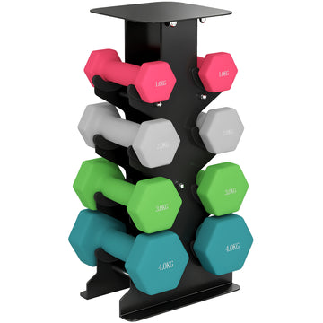 Dumbbellset 4 paar hexagon 1-4 kg met standaard | Kleur: Rosa+Grau+Hellgrün+Dunkelgrün