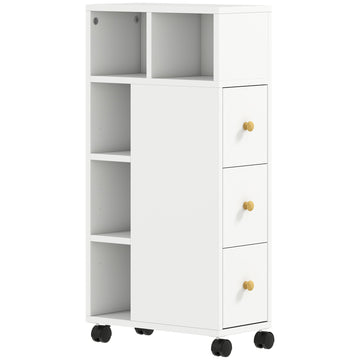Smalle badkamerkast op wielen - 3 lades en 5 vakken | Kleur: Wit | Afmetingen: 40x20x80 cm