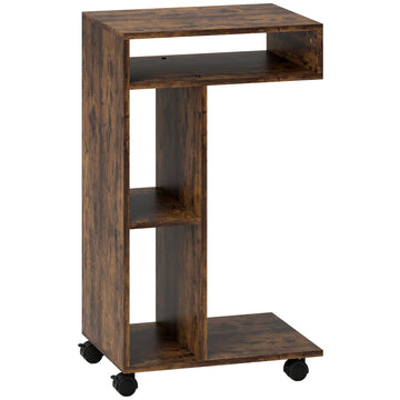 C-vormige bijzettafel serveerwagen met wielen | Kleur: Bruin | Afmetingen: 40x30x69 cm