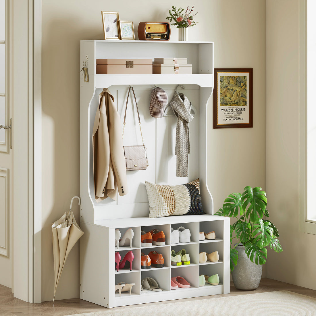 Garderoberek met bank, schoenenkast en haken | Kleur: Wit | Afmetingen: 100x35x172,2 cm