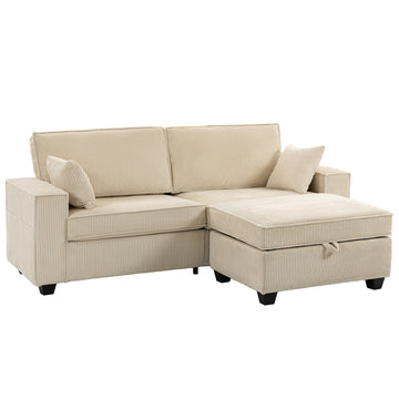 Hoekbank 3-zits L-vorm met opberghocker, ribcord | Kleur: Beige | Afmetingen: 216x151x94 cm
