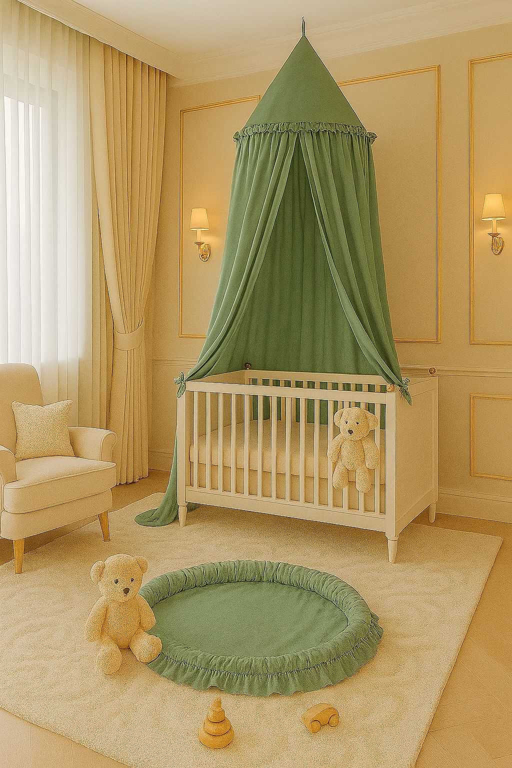 Hängande himmelsäng – bomullshimlad – säkerhets- och lekyta för barnrum, pastellgrön