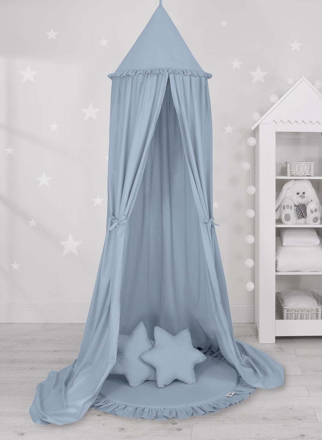 Hängande baldakinset för barnrum - himmelssäng - inkl. mjuk lekmatta och kuddar, 100 % bomull