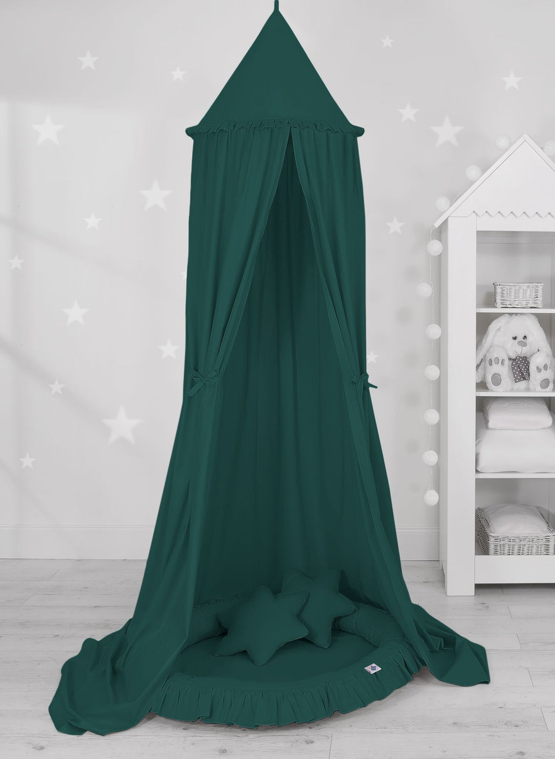 Hängande baldakinset, himmelsäng, säker och mjuk bomull – med sängkuddar och kuddar – flaskgrön