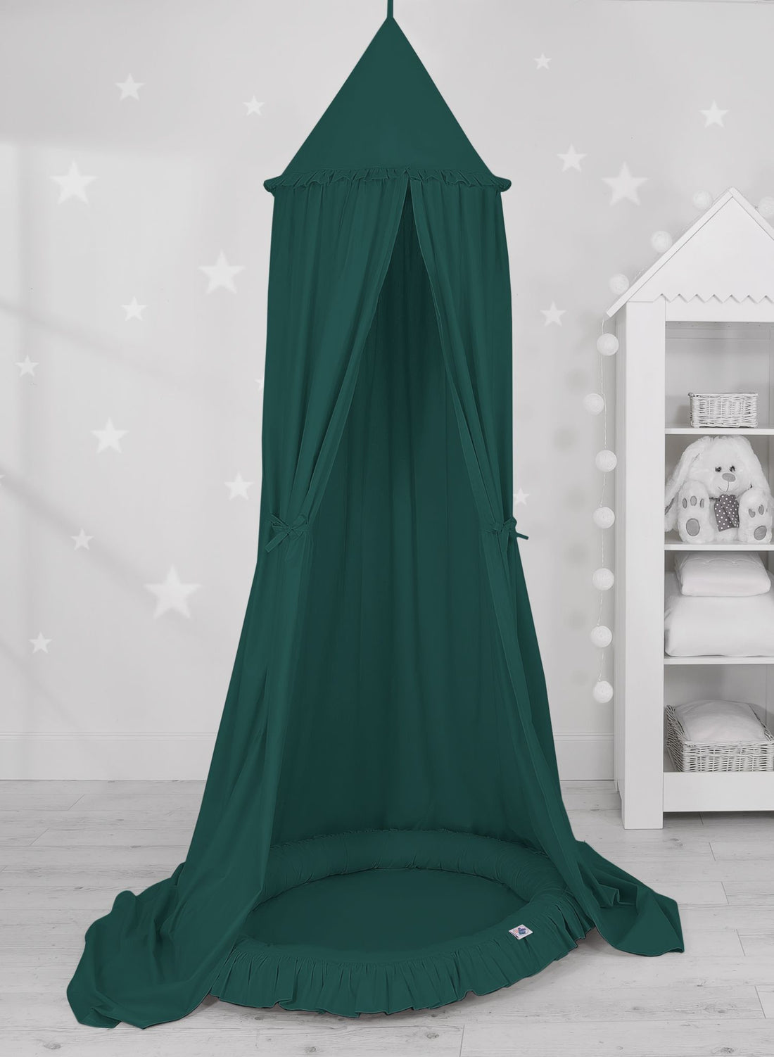 Set med 2 hängande baldakiner och babynest – flaskgrönt – allergivänligt och handgjort