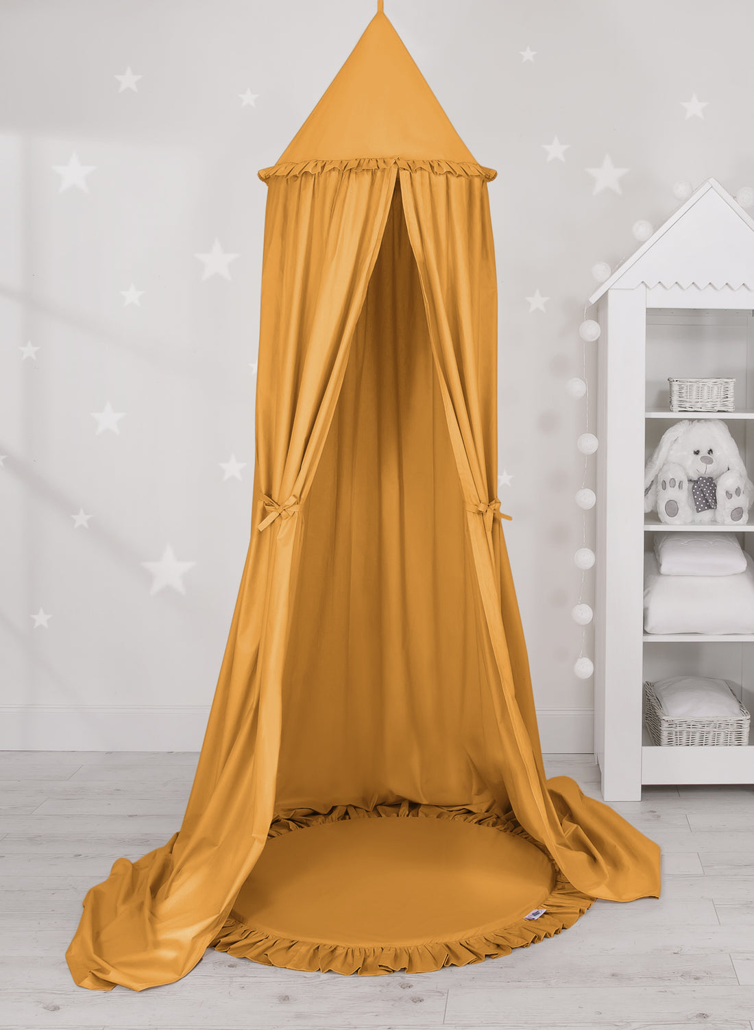 Rufflad lekmatta - babymatta - mjuk och isolerande - honungsgul - tvättbar bomull