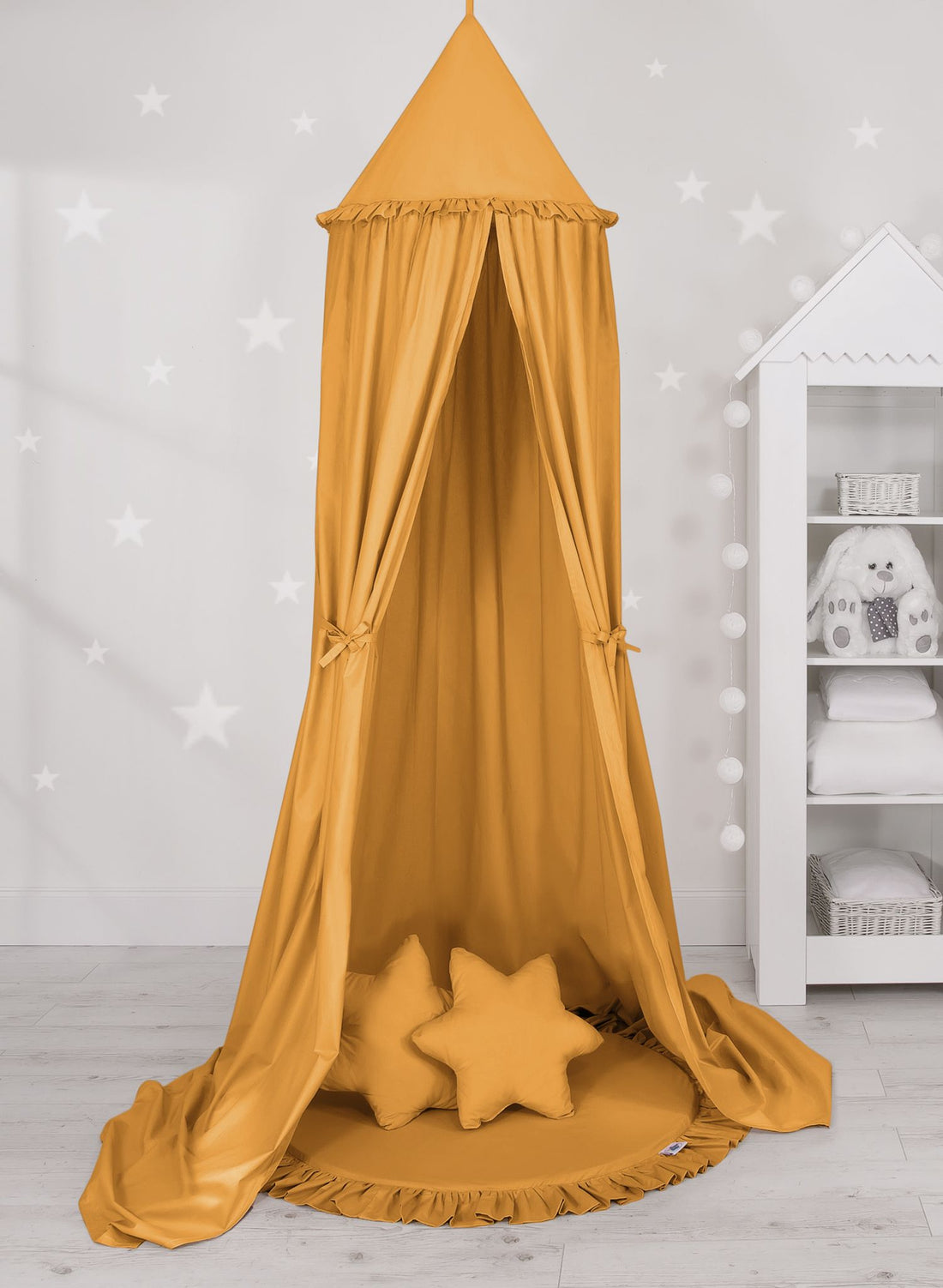 Hängande baldakinset, myggnät - golvlekmatta - mysig och ljustålig - honungsgul - bomull