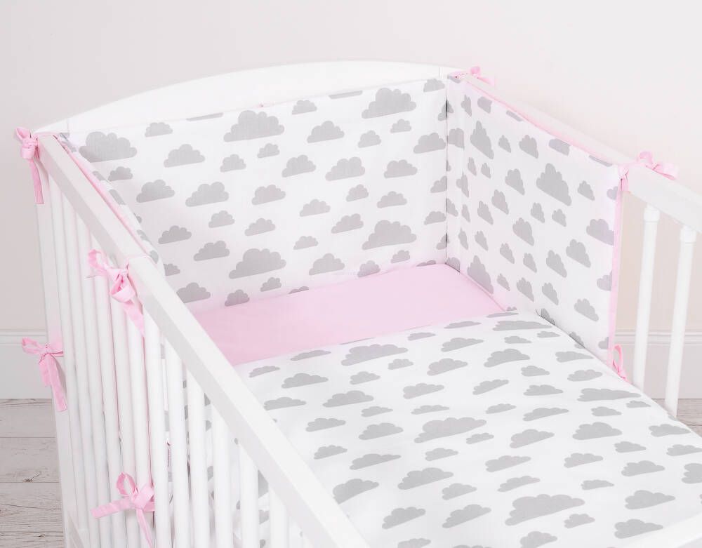 Baby beddengoed set, katoenen dekbedset, huidvriendelijk & veilig slapen - Grijs/Roze Wolken