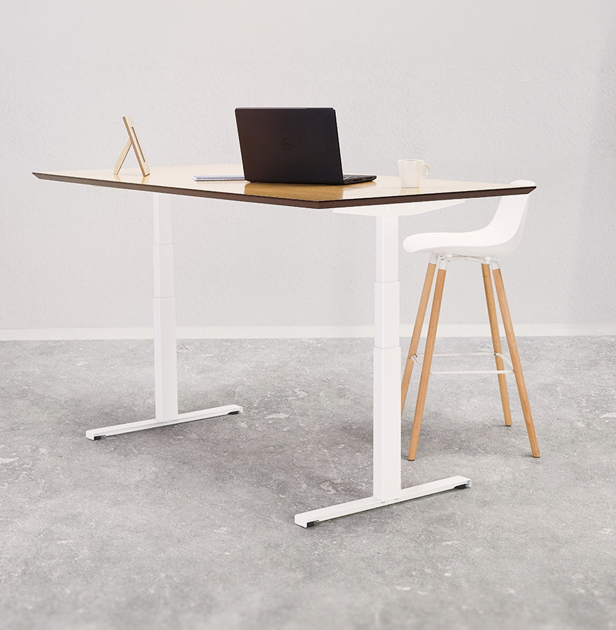 Elektrisch Zit-Sta Bureau, Verstelbaar, Ergonomisch Comfort, Houten Blad + Wit Frame