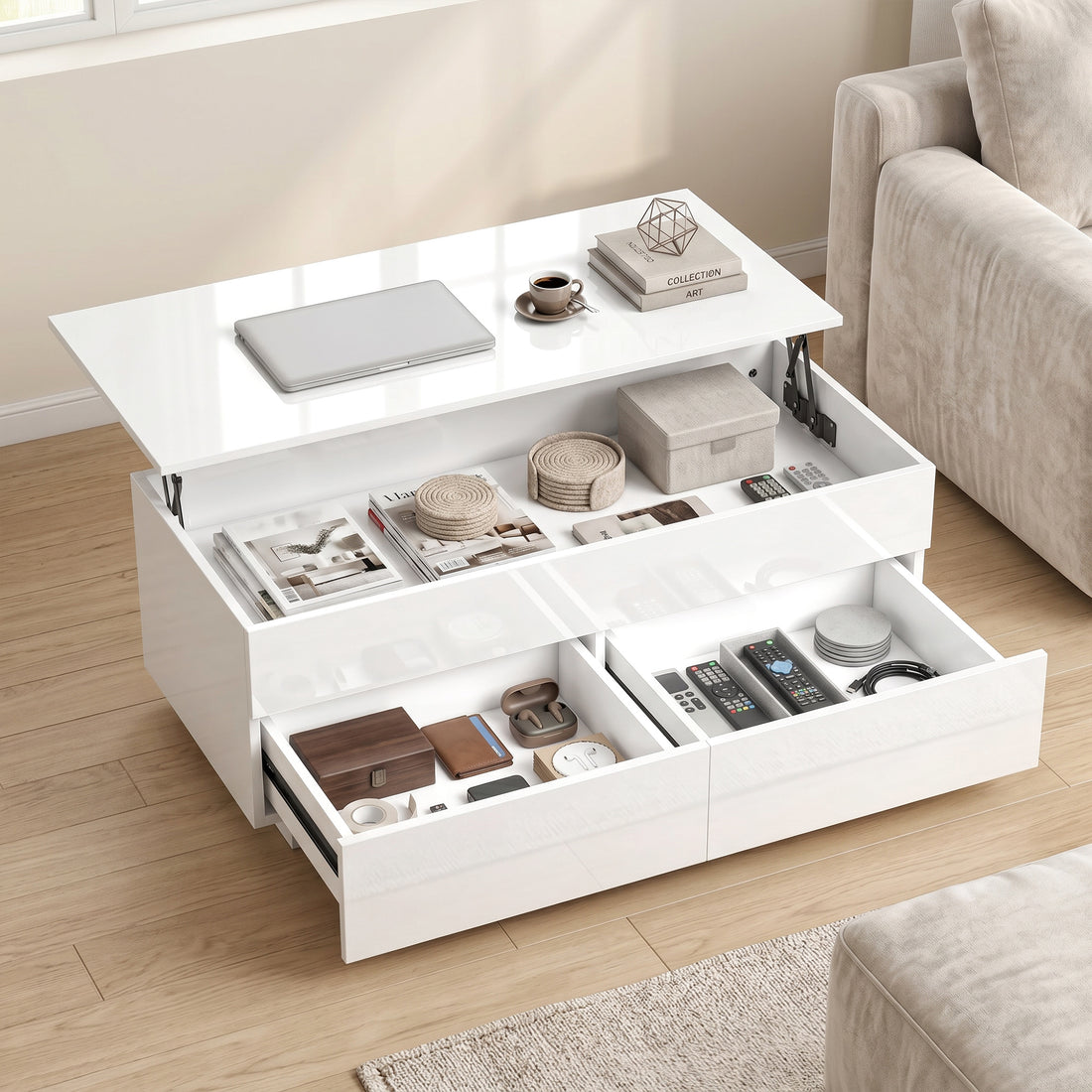 Couchtisch mit Stauraum | Farbe: Hochglanzweiß | Abmessungen: 102x48x54,5 cm