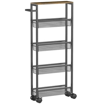 Keukentrolley met 5 niveaus en werkblad | Kleur: Zwart, bruin | Afmetingen: 13x47x96,5 cm