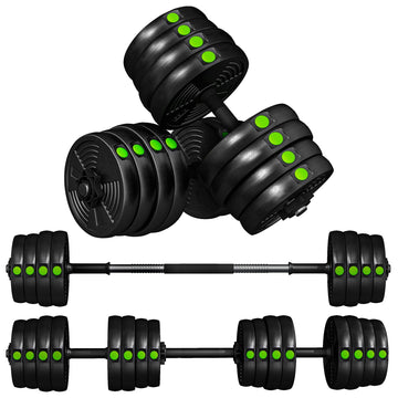 2-in-1 Dumbbellset en Halterset 30 kg | Kleur: Zwart, groen | Afmetingen: 20x105x20 cm