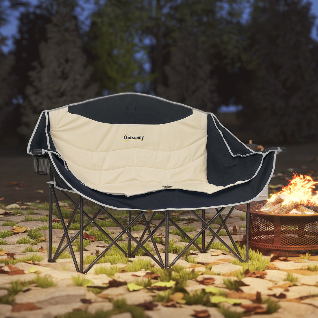 2-zits campingstoel met bekerhouders en draagtas | Kleur: Khaki | Afmetingen: 50x143x90 cm
