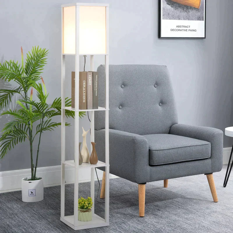 Witte vloerlamp met 3 planken en opbergruimte | Kleur: Wit | Afmetingen: 26x26x160 cm