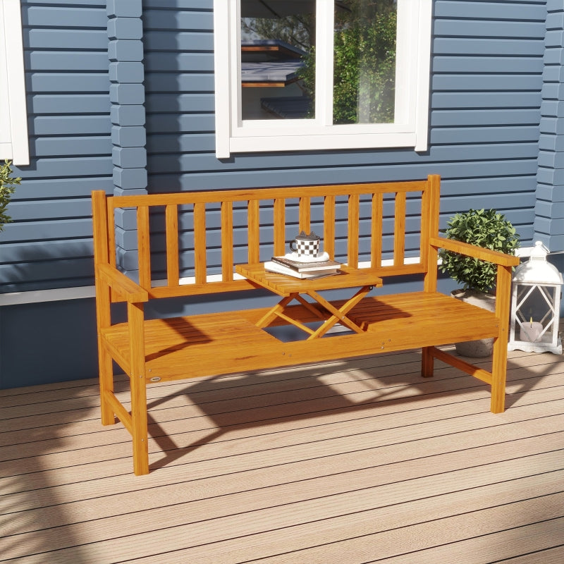 Houten tuinbank met uitklaptafel - Buitenbank | Kleur: Lichtbruin | Afmetingen: 153x56x91 cm