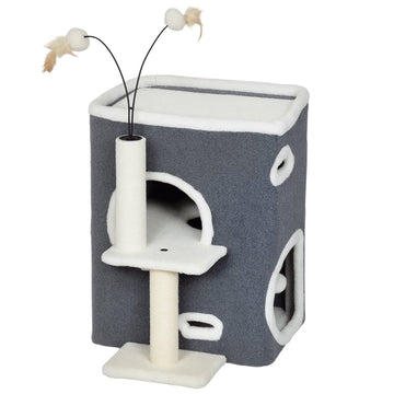 Kattenkrabpaal met kattenhuis | Kleur: Grijs + Wit | Afmetingen: 43x48.5x58 cm