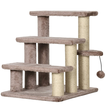 Kattentrap met 4 treden, speelbal en krabpaal | Kleur: Bruin | Afmetingen: 40x45x48 cm