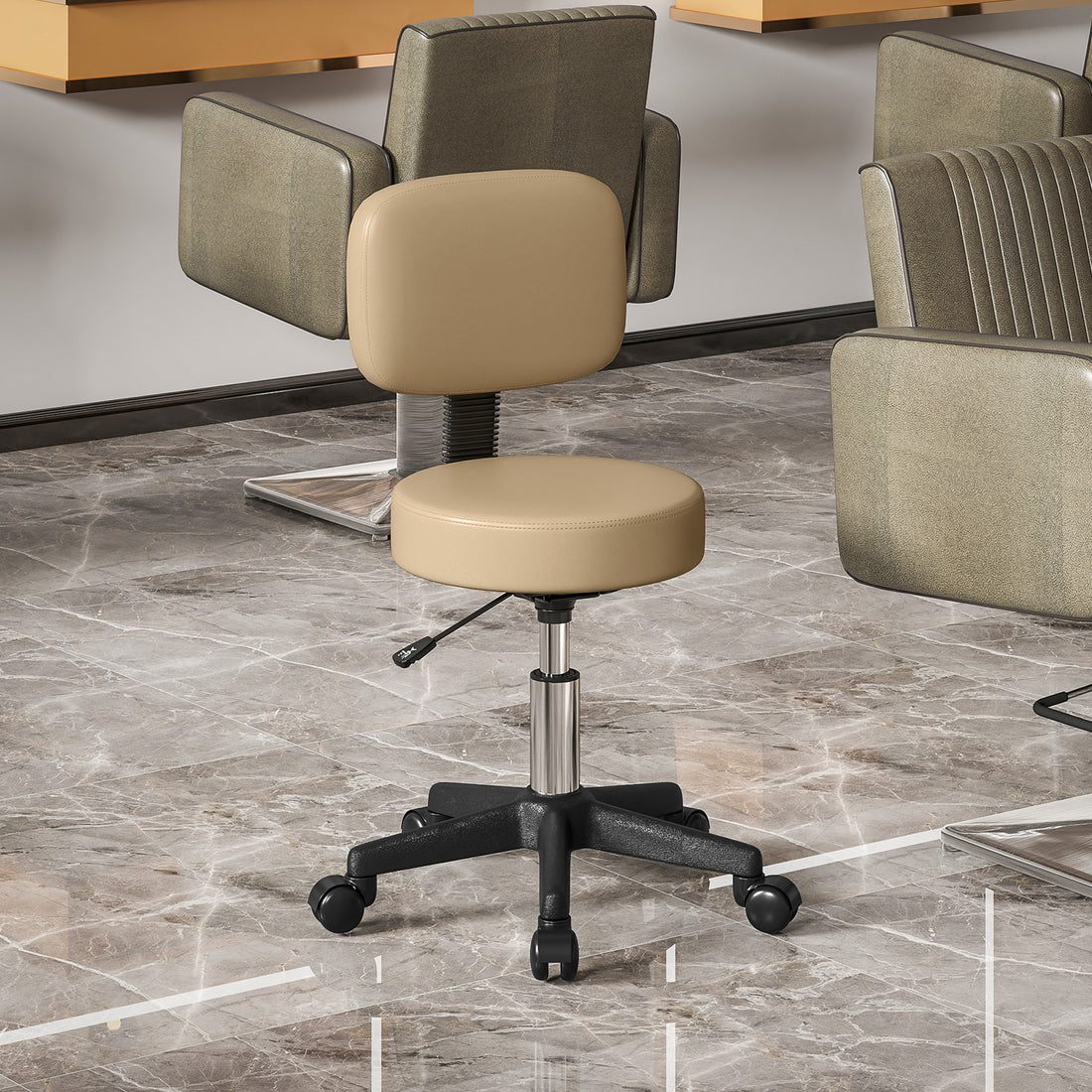 Verstellbarer Arbeitshocker mit Rückenlehne | Farbe: Braun | Abmessungen: 35x35x72-84 cm