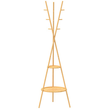 Garderobestandaard met 9 haken en 2 planken | Kleur: Natur | Afmetingen: 58,5x58,5x176 cm