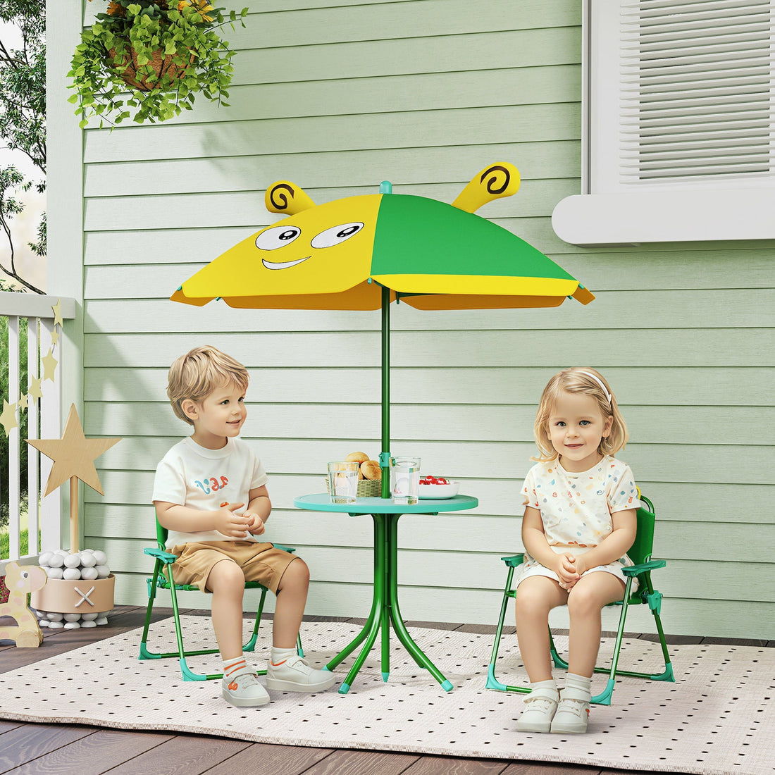 Kinder-Gartenmöbelset mit Bienendesign – Tisch, 2 Stühle und Sonnenschirm | Farbe: Grün, gelb
