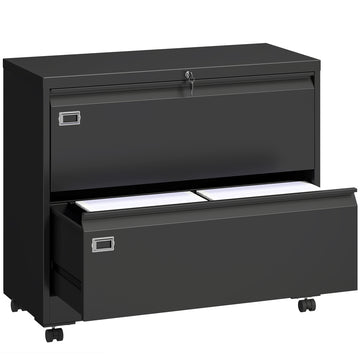 Afsluitbare rollcontainer met 2 laden | Kleur: Zwart | Afmetingen: 90x40x77,4 cm