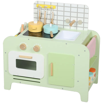 Kinderkeuken van MDF met 15 accessoires | Kleur: Groen + Wit | Afmetingen: 60x31.6x58 cm