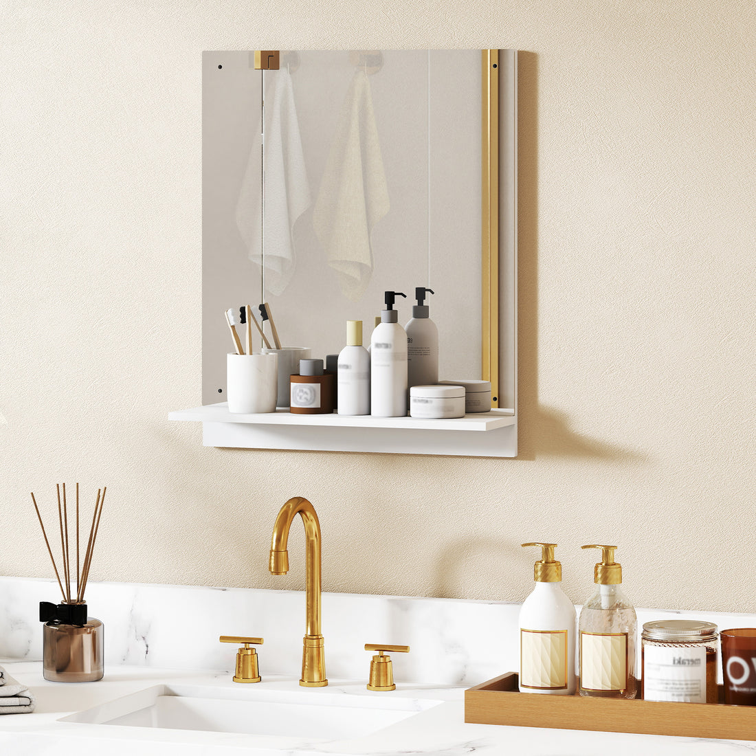 Badezimmerspiegel mit Ablage 50 x 60 cm | Farbe: Weiß | Abmessungen: 50x14x60 cm