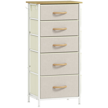 Stoffen ladekast met 5 lades en zijvakken | Kleur: Beige | Afmetingen: 45x30x94,5 cm