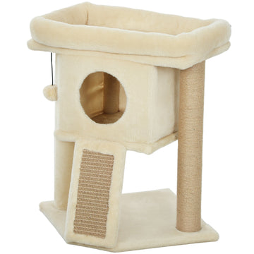 Kattenkrabpaal met jute mat, platform, speelbal en huisje | Kleur: Bruin | Afmetingen: 40x40x57 cm
