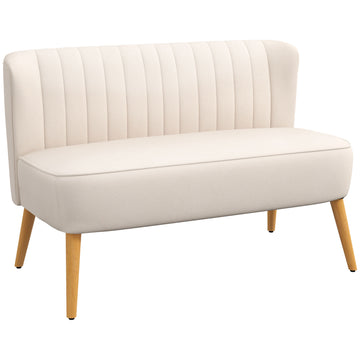 Retro 2-zitsbank met houten poten | Kleur: Crèmewit | Afmetingen: 117x56,5x77 cm