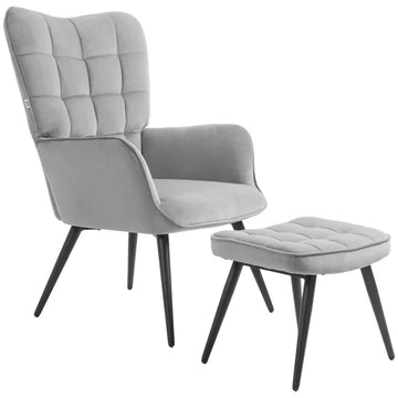 Relaxstoel met voetenbankje - Fluwelen fauteuil | Kleur: Lichtgrijs | Afmetingen: 73x77,5x98 cm