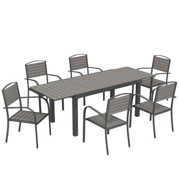 7-delige tuinset, uitschuifbare tafel en 6 stoelen | Kleur: Grijs | Afmetingen: 85x225x75 cm