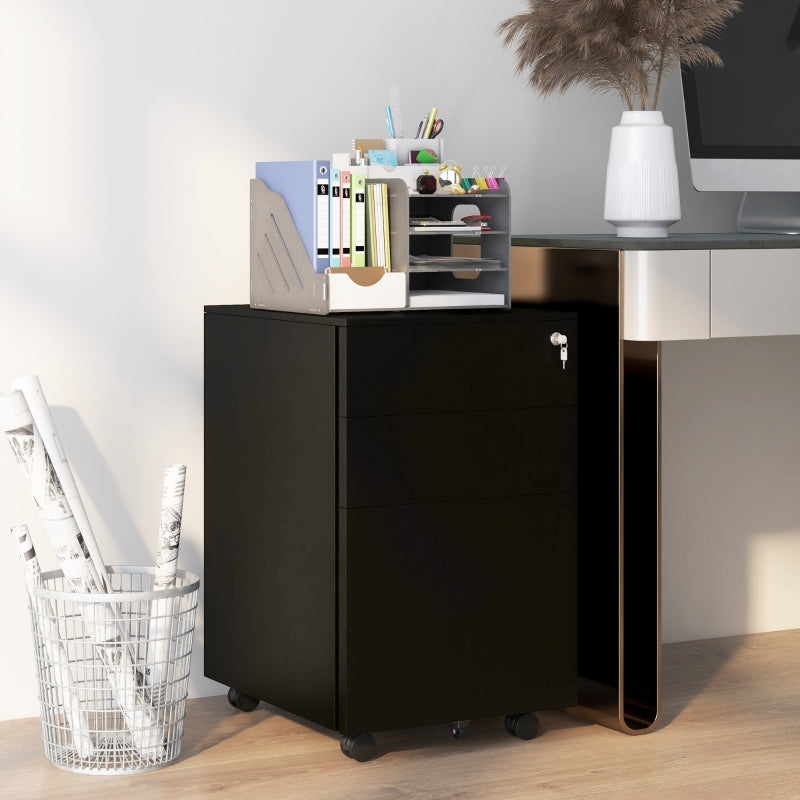3-schubladiger Rollcontainer – Aktenschrank aus Stahl | Farbe: Schwarz | Abmessungen: 43.5x37x60 cm