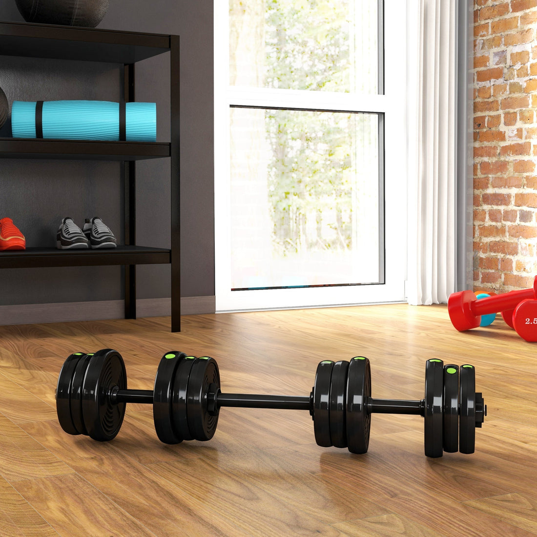 2-in-1 Dumbbellset met Halterstang 20 kg | Kleur: Zwart, Groen | Afmetingen: 20x105x20 cm