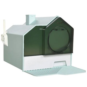 Gesloten kattenbak met kap en schep | Kleur: Lichtblauw, groen en wit | Afmetingen: 47x45x42 cm