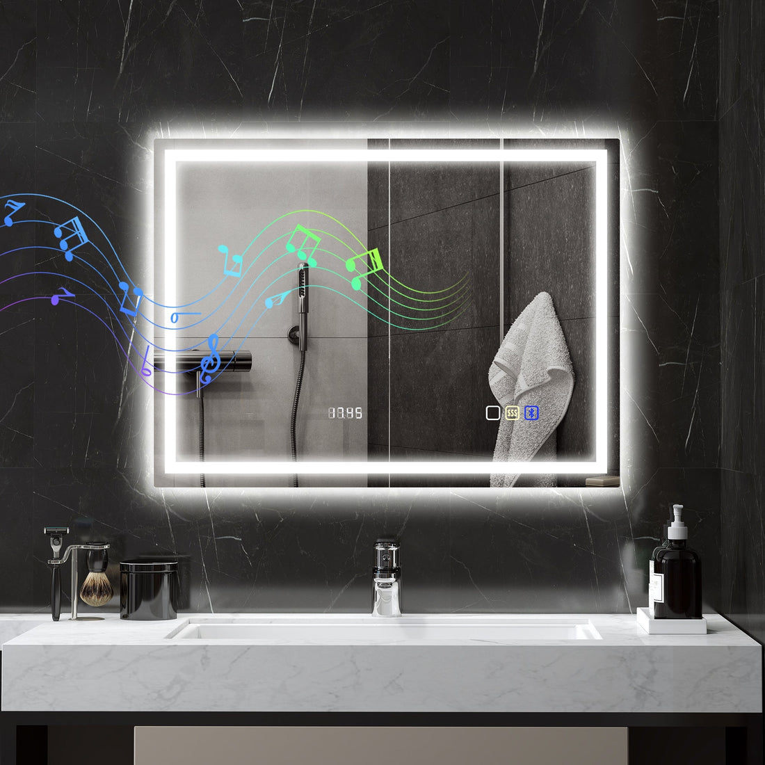 LED-Spiegel mit Antibeschlag und Uhr | Farbe: Silber | Abmessungen: 60x3,5x80 cm