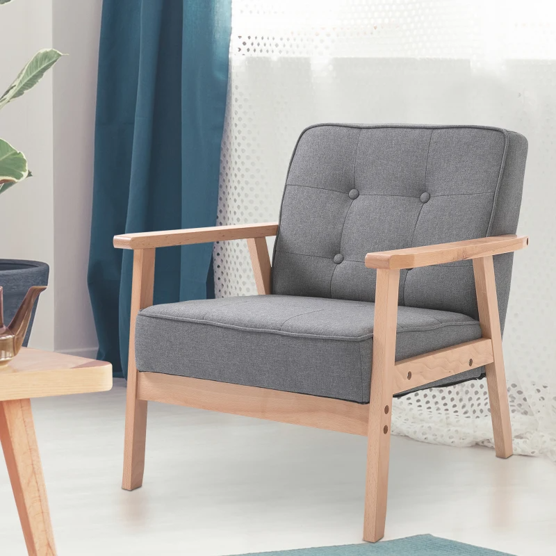 Retro Sessel aus Leinen | Farbe: Grau und Naturholz | Maße: 64,5x70x74 cm