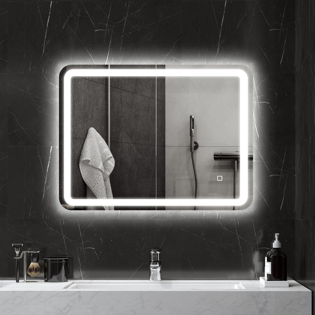 Badezimmerspiegel mit LED-Beleuchtung - Dimmbar, Antibeschlag | Farbe: Silber