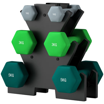 Hexagon dumbbellset met opbergrek, 18 kg | Kleur: Grijs en groen