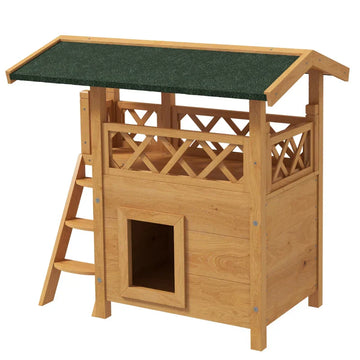Kattenhuis met balkon | Kleur: Natuurlijk hout, groen | Afmetingen: 50x77x73 cm