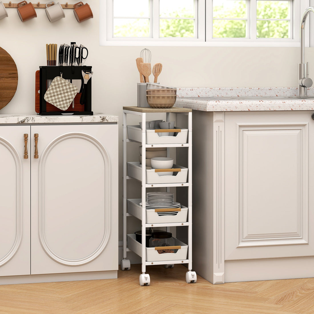 5-laagse keukentrolley met 4 laden | Kleur: Wit, bruin | Afmetingen: 39.5x24x82 cm